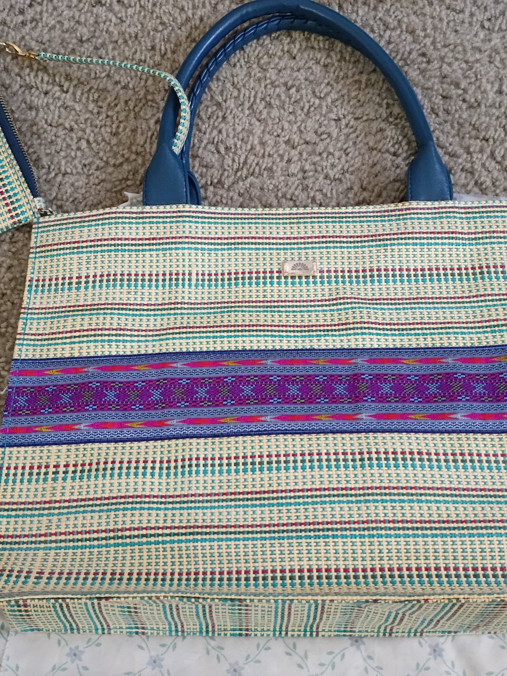 Brand New Summer Beach Handwoven Cream Tote with Blue Handles and Purple Accent